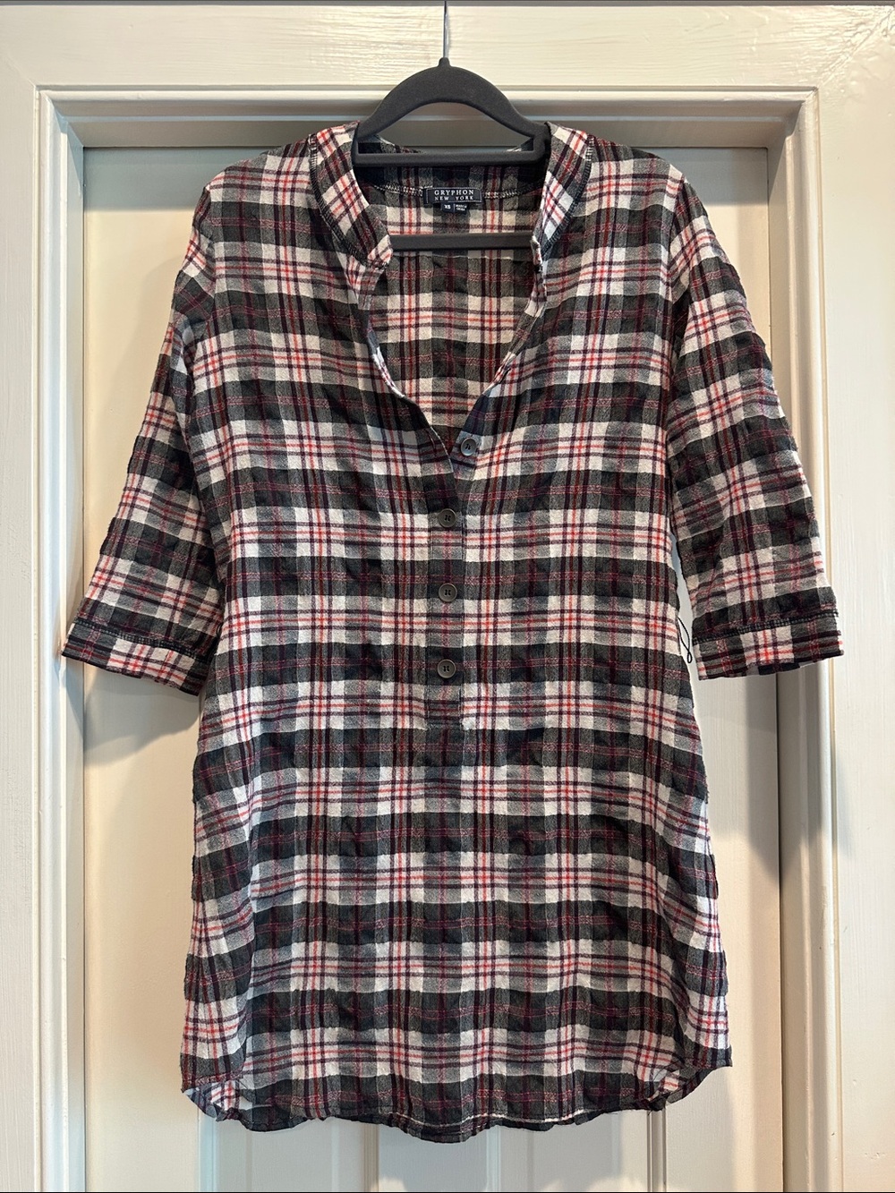 Gryphon Black, White and Pink Plaid Button-Front Tunic